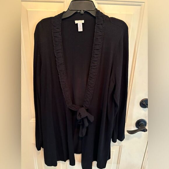 Chicos Rufflled Trim Tie Cardigan in Black size 3 or L - Picture 2 of 9
